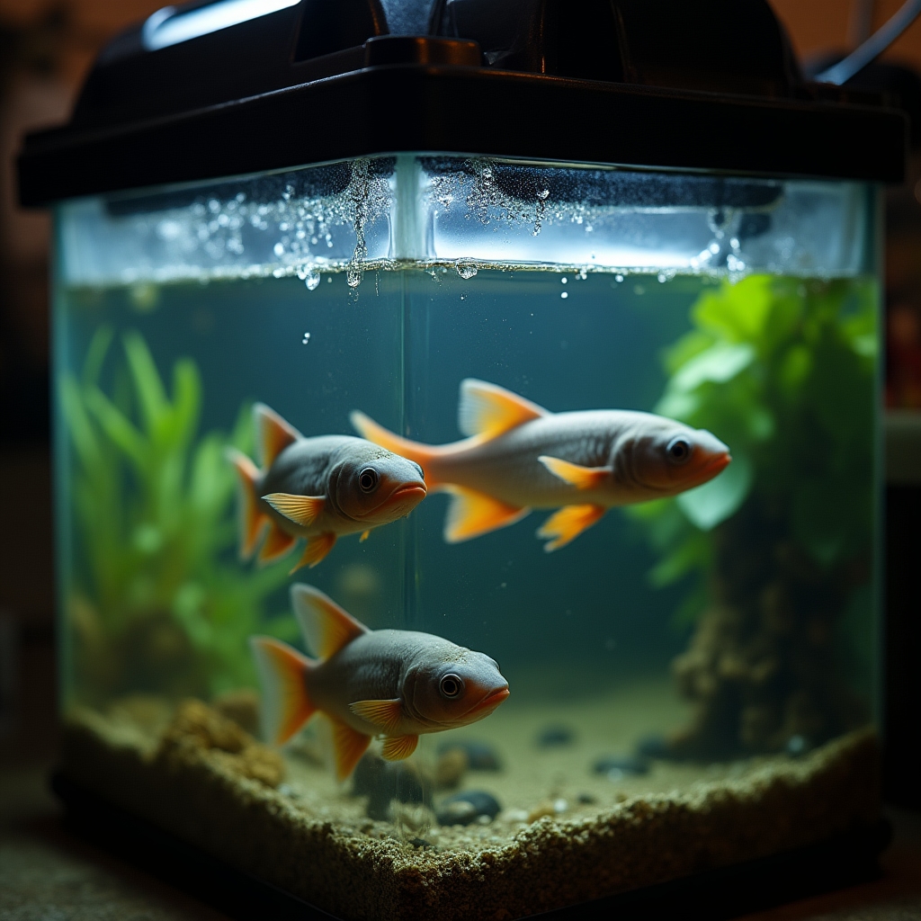 Close-up of African catfish swimming near the surface of a dark aquaponics fish tank inside an insulated garage enclosure