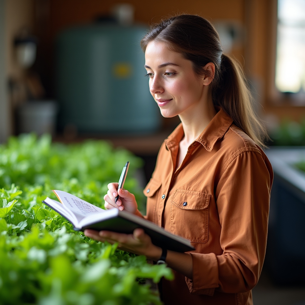 Marta, co-founder of the aquaponics blog, standing beside a grow bed of leafy greens with a notebook in hand