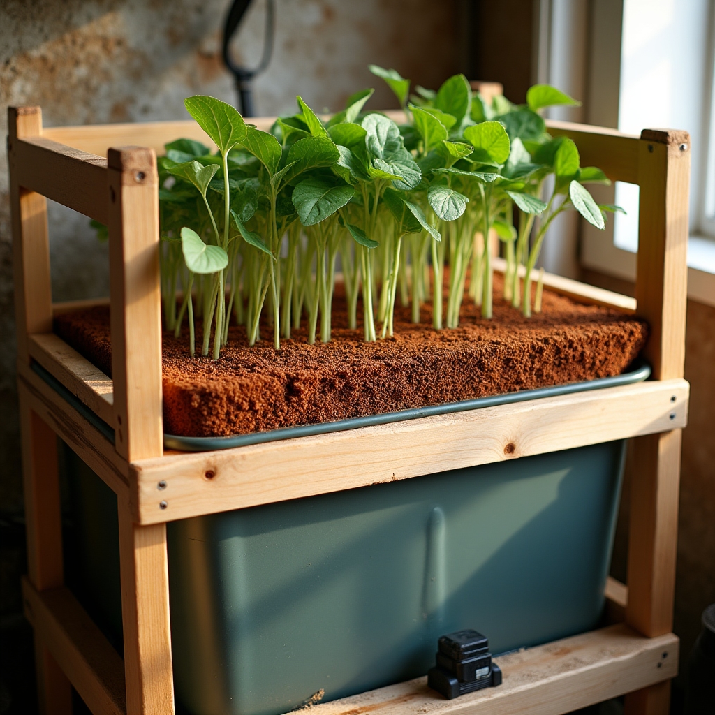 Shelving unit holding expanded clay media grow beds above an IBC tote fish tank inside a garage aquaponics build