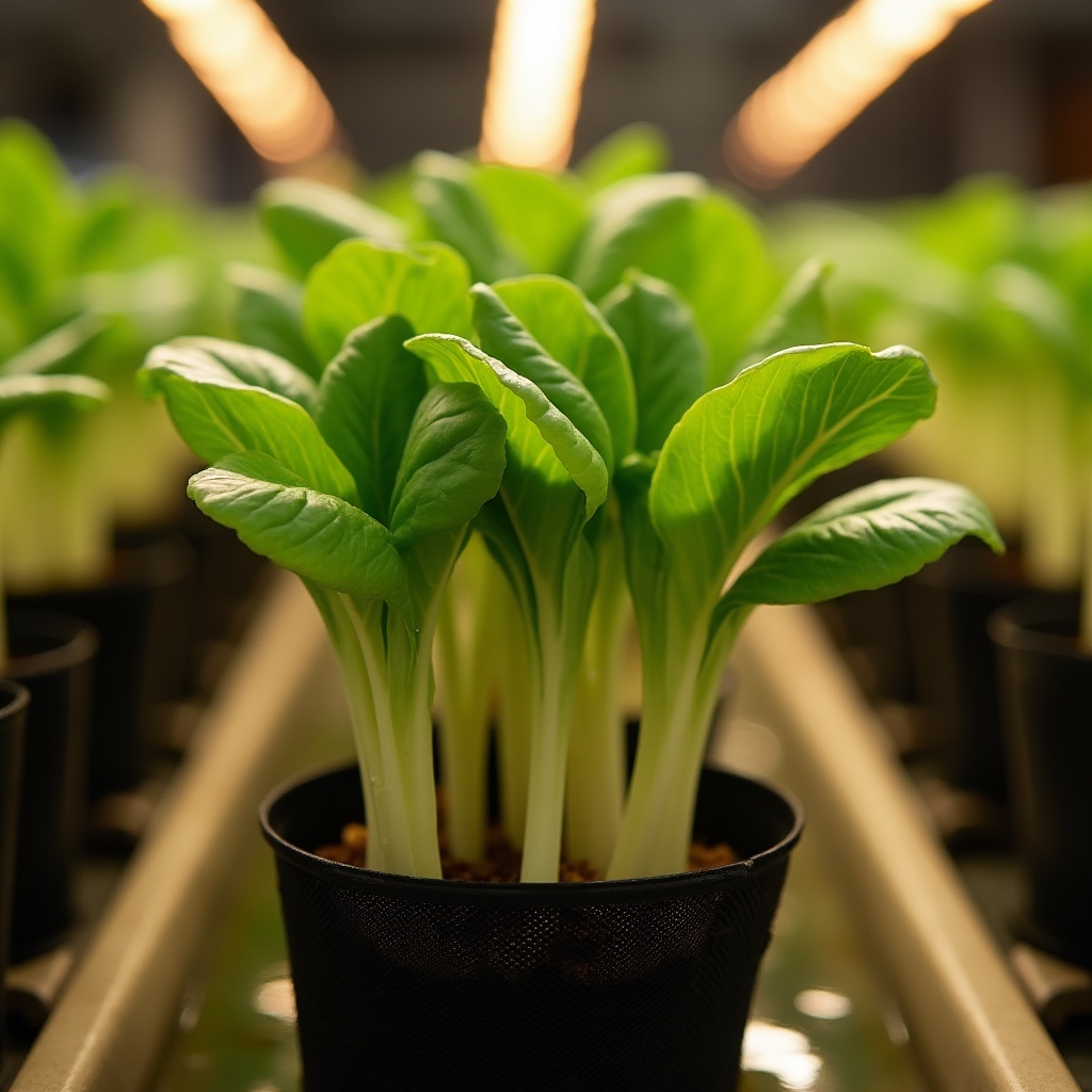 Young pak choi plants rooted in net cups inside a nutrient film technique channel