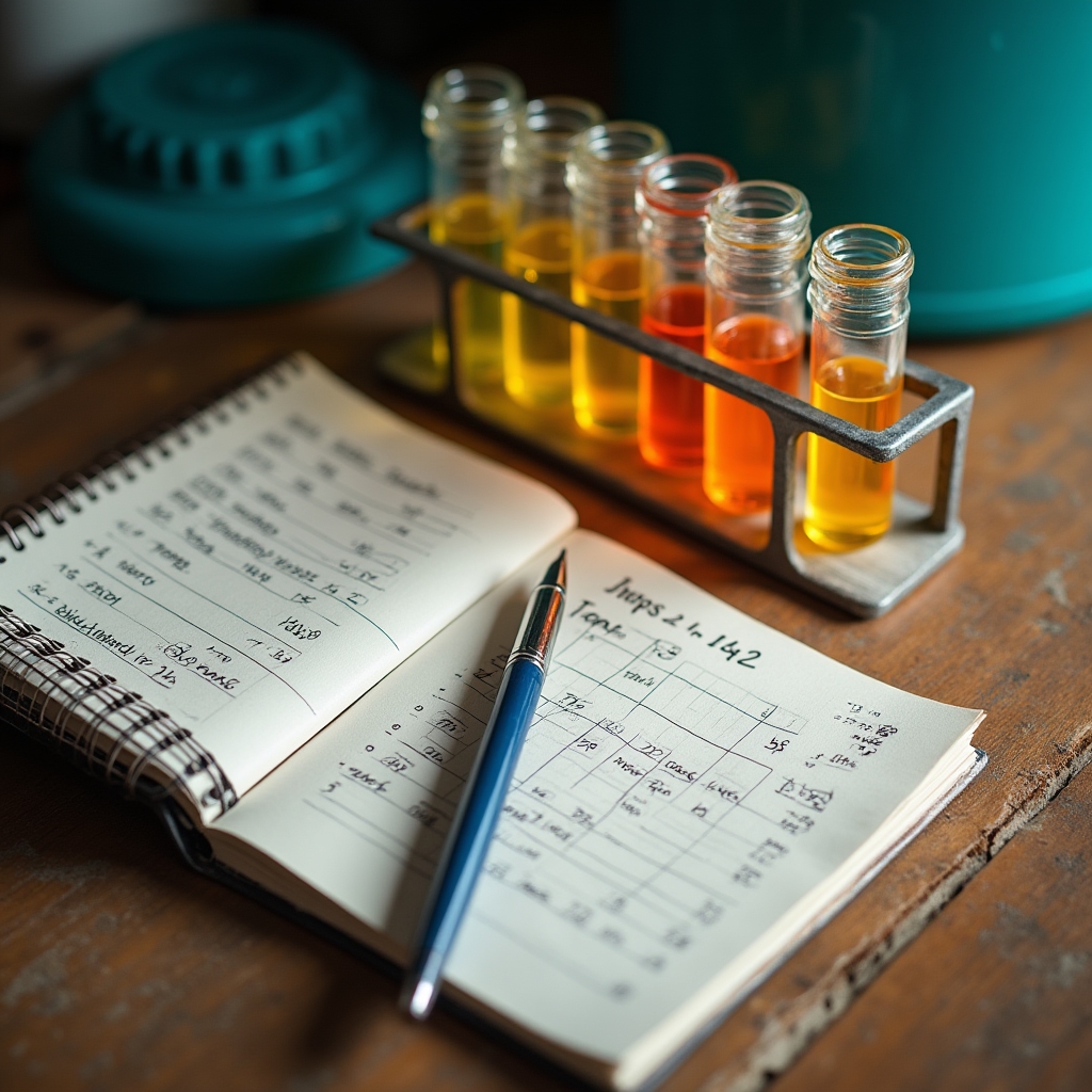 Notebook and water testing kit used to log ammonia and nitrate readings for an aquaponics system